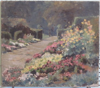 Impressionist oil on canvas "Formal Garden with Pathway" 14" x  16"