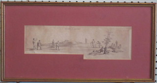 18th/19th Century monochrome print "Archery and Cricket" 3 1/2" x 11 1/2"
