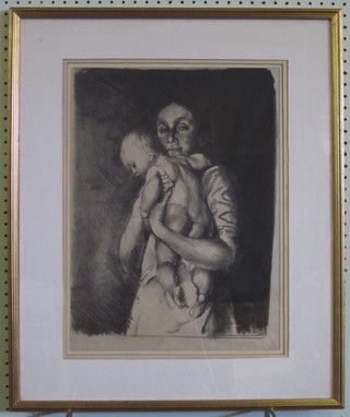 James A Grant, monochrome print "Standing Mother and Child"  18" x 13"