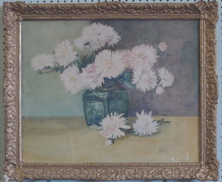Mercy, watercolour, still life study "Ginger Jar of  Chrysanthemums" 15" x 19"