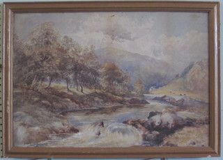 19th Century watercolour drawing "Mountain River with Cattle  in Distance" 15" x 21"