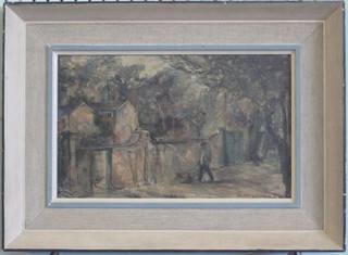 Helen Grunwald, oil on board "Urban Scene with Figure  Walking Dog" signed and dated 1940 8" x 12"   ILLUSTRATED