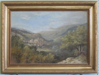 19th Century oil on board "Continental Mountain Village" monogrammed TECT, dated 1872 13" x 19"