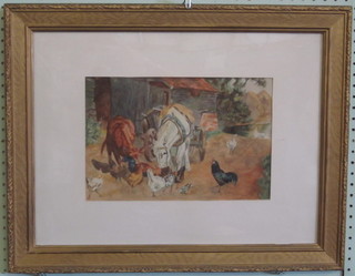 Watercolour "Farmyard with Cart Horse, Cow and Chickens" 8"  x 12"