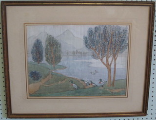 Naive School watercolour drawing "Ducks by a Lake" 11" x 15"