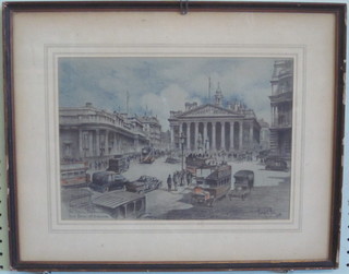 Joseph King, gouache drawing "The Royal Exchange and Bank  of England" signed and dated 1924, 9" x 12"