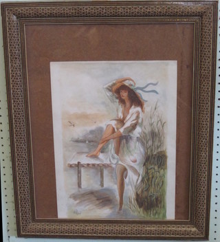 Behzad, watercolour "Bonnetted Lady on a Jetty" 15" x 10" contained in a decorative Moorish frame