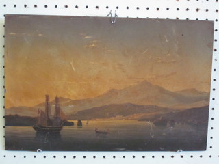 An 18th/19th Century oil on slate panel "Bay with Three Masted  Ship and Mountains in Distance" 10" x 15"