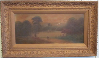 A Victorian oil on board "Figure Walking by a Lane" 9" x 21" in  a gilt frame