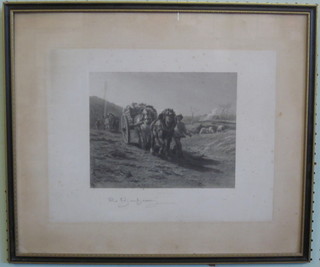 Banbeur, monochrome print "Driving Horses" 8" x 10" signed in  the margin