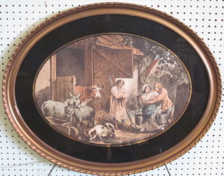 18th Century style coloured print "The Barn Door" 13" oval