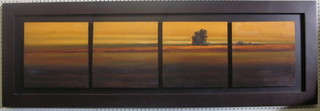 Modern Art, 3 oil paintings on board mounted on 1 panel "Rural  Landscape" 12" x 49"