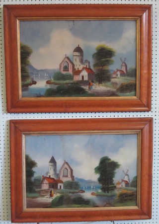A pair of Victorian oil paintings on glass panel "Churches and Landscape" contained in maple frames 14" x 21"