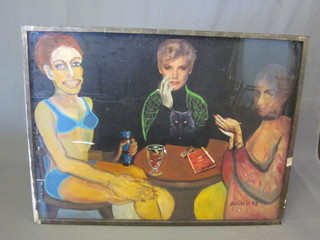 Dusko, collage and oil painting "Three Seated Ladies" 35" x 47" signed and dated Dusko '78  ILLUSTRATED