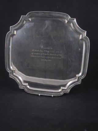 A square silver plated salver with bracketed border 11 1/2"