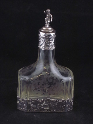 A Dutch etched glass bottle with silver stopper and pierced silver  mounts 7"  ILLUSTRATED