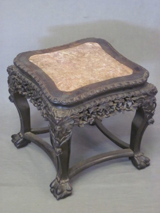 A square Oriental pierced Padouk wood jardiniere stand with pink veined marble top, raised on cabriole supports 16"   ILLUSTRATED