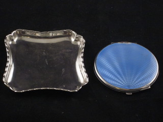 A silver and blue enamelled compact with engine turned decoration, Birmingham 1948 and an Edwardian square silver pin  tray London 1904