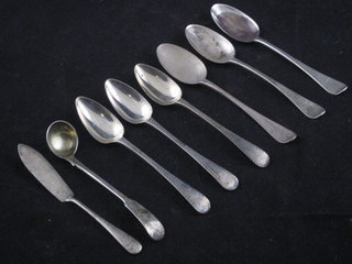 3 Georgian silver old English pattern teaspoons, London 1793, 3  Victorian silver teaspoons, a mustard spoon and a butter knife, 4  ozs