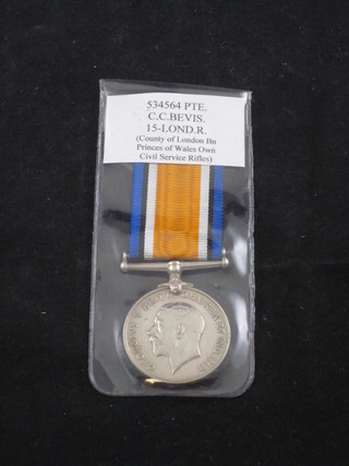 A British War medal to 534564 Pte. C C Bevis 15th London  Regt. together with a small amount of research