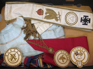 A quantity of Masonic regalia - a Red Cross of Constantine  Grand Officer's sash, 3 Past Masters collars, a Provincial Grand  Officer's collar, Provincial Grand Chapter collar, Past Principals  collar, a Royal Ark mariner's collar and 4 apron badges