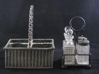 A silver plated and glass 4 piece condiment set together with a silver plated basket work 4 section condiment stand