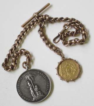 A gold double Albert watch chain hung a Victorian 1900 sovereign and a silver Army Temperance Association medal