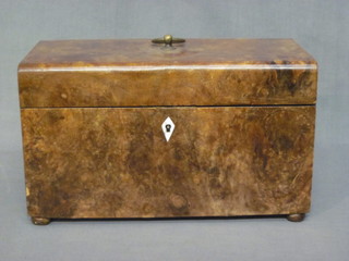 A Victorian rectangular figured walnut twin compartment tea  caddy, with replacement mixing/sugar bowl to the centre, 12"