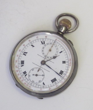 An open faced chronograph with enamelled dial and Roman numerals, the dial marked Teagle Smiths & Sons Ltd, Wellington  New Zealand, contained in a Continental silver open case