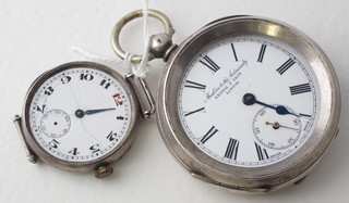 An open faced pocket watch by Kendal & Dent contained in  silver case, f, and a silver cased wristwatch, f,