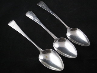 3 George III silver Old English pattern bright cut spoons, Exeter 1800, 1807 and 1809, 4 1/2 ozs