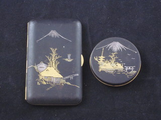 An Eastern silver plated cigarette case with niello decoration and  a circular compact 2"