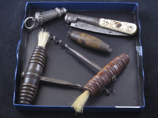 2 19th Century steel corkscrews, a folding knife, 1 other knife and a pouch belt whistle