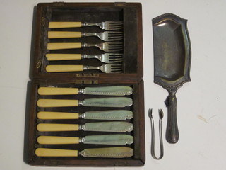 A silver plated crumb tray, a set of fish knives and forks, 1 fork missing, cased and a sugar tongs