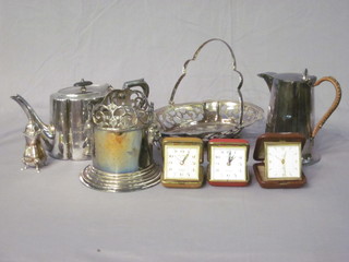 An oval silver plated teapot, do. hotwater jug, twin handled cake basket, soda siphon holder etc