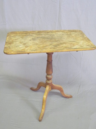 A Victorian rectangular bleached mahogany snap top wine table,  raised on pillar and tripod supports 29"