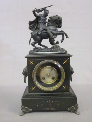 A Victorian French 8 day striking mantel clock, surmounted by  a spelter figure of a Knight