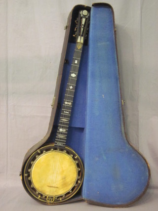 A 5 stringed banjo, the head marked AD Cammeyer Patent  3816537, the base marked The Cammeyer Music &  Manufacturing Company 97a Jermyn Street London patent no.  1472