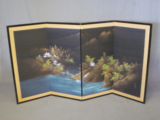 An Oriental ebonised 4 fold screen with landscape decoration