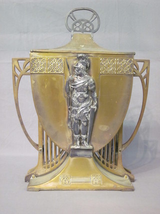 An Art Nouveau brass and pewter twin handled tureen and cover decorated warriors with glass liner, f, 11"