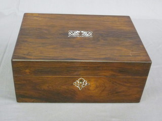 A Victorian rectangular rosewood trinket box with hinged lid and inlaid mother of pearl decoration 11"