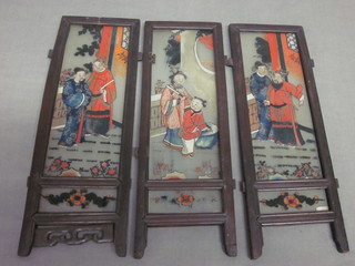 3 rectangular Oriental painted glass panels depicting court scenes, contained in hardwood frames 10" x 4"
