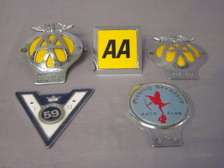 2 AA Beehive car badges, an AA badge, an Evening Standard  auto club badge and a Veteran Motorist badge