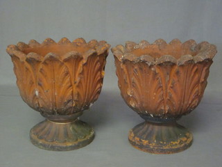 A pair of circular terracotta urns with acanthus leaf decoration 14"  ILLUSTRATED