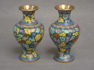 A pair of cloisonne blue ground club shaped vases 6"