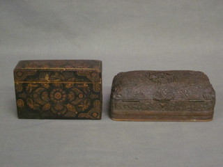 A carved Eastern box with hinged lid 7" and a cigarette box