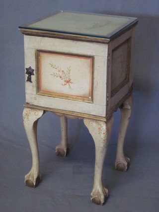 A cream and gold painted bedside cabinet, raised on cabriole ball  and claw supports 14"