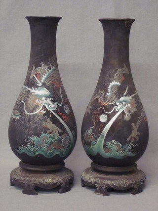 A pair of Oriental club shaped lacquered vases decorated dragons  13 1/2"