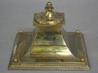 A square waisted brass inkwell complete with glass liner 6 1/2"