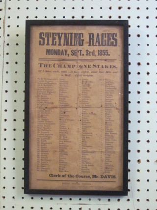 A handbill for Steyning Races Monday 3 September 1855, The  Campaign Stakes, Clerk of the Course Mr Davis 12" x 7"